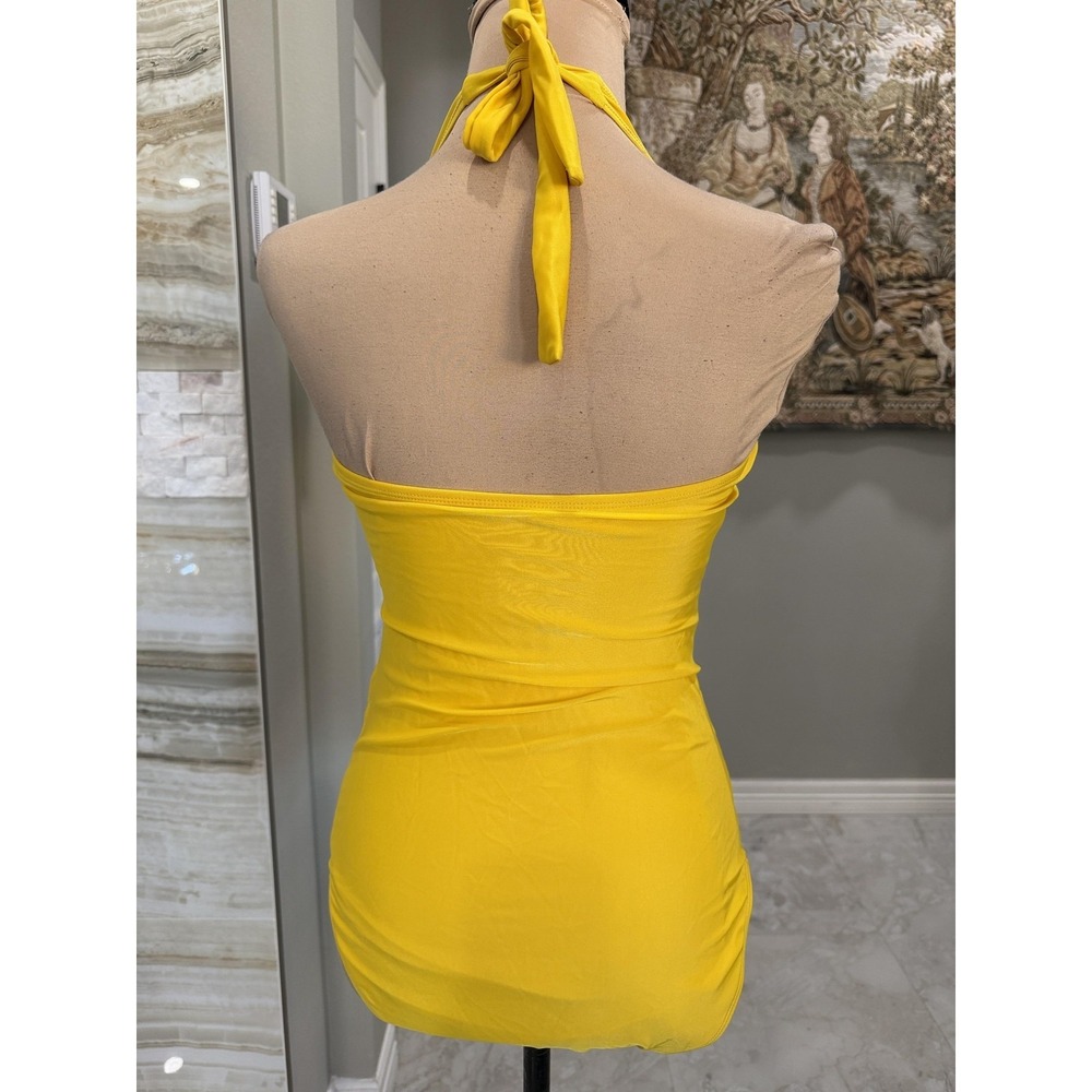 Swimsuit Womens Medium Yellow Halter Ruched One Piece Lined Bathing Suit - Picture 3 of 8